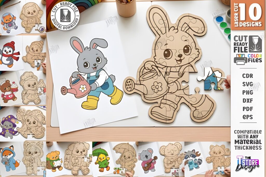22 Educational Laser Cut Puzzles for Kids with SVG Files 20 Educational laser cut puzzles featuring a bunny watering can design from Kids Animal Puzzle Laser Cut Bundle SVG