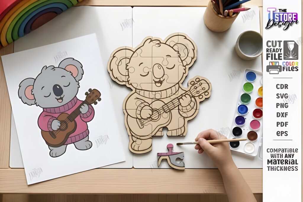 22 Educational Laser Cut Puzzles for Kids with SVG Files 21 Educational laser cut puzzles featuring a koala playing a guitar with SVG files for kids