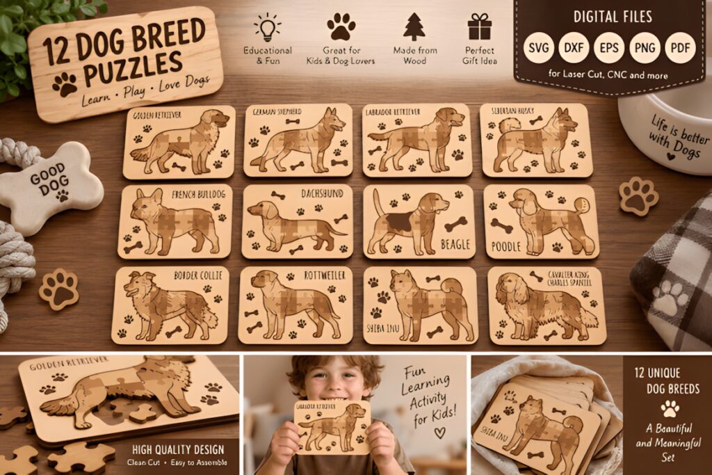 22 Educational Laser Cut Puzzles for Kids with SVG Files 34 Educational laser cut puzzles featuring 12 dog breeds with SVG and other digital file formats