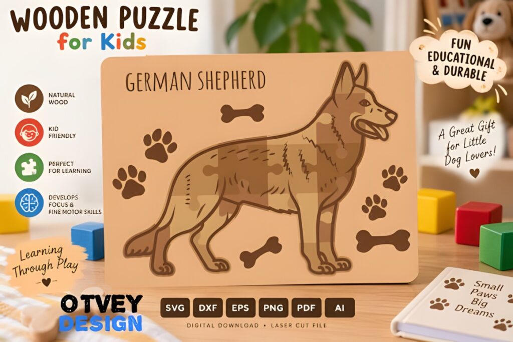 22 Educational Laser Cut Puzzles for Kids with SVG Files 35 Educational laser cut puzzles featuring a German Shepherd dog design on natural wood for kids