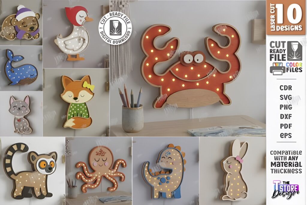 29 Laser Cut SVG Files for Wood, MDF and Acrylic Projects 49 Laser cut SVG files for wood projects featuring layered animal night light designs including crab, fox, rabbit, and others