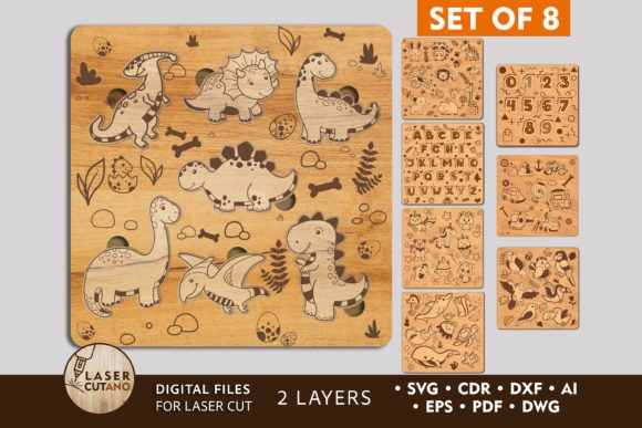 21 Laser Cut Toys for Kids and Creative Play 21 Set of 8 laser cut toys featuring child-friendly dinosaur puzzles in wood with engraved details