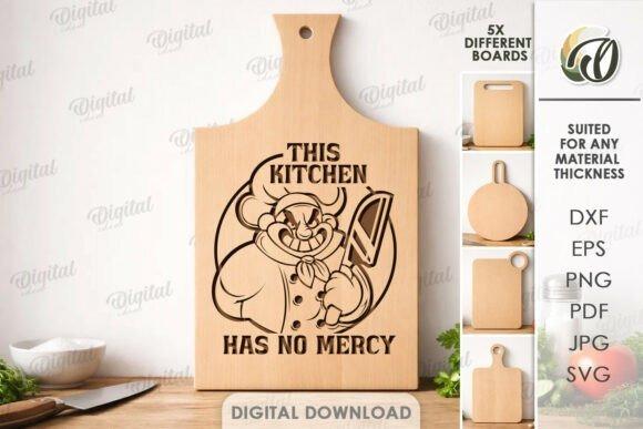 31 Laser Engraving Ideas for Practical DIY Builds 2 Wooden kitchen cutting board with laser engraving of a chef holding a cleaver and text 'This Kitchen — laser engraving ideas
