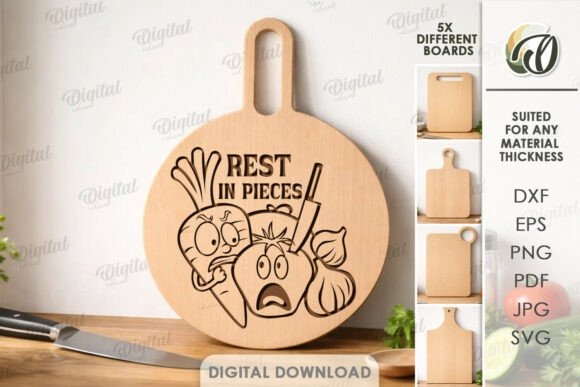 Laser engraving ideas on a round wooden kitchen cutting board with cartoon vegetables and text Rest in Pieces