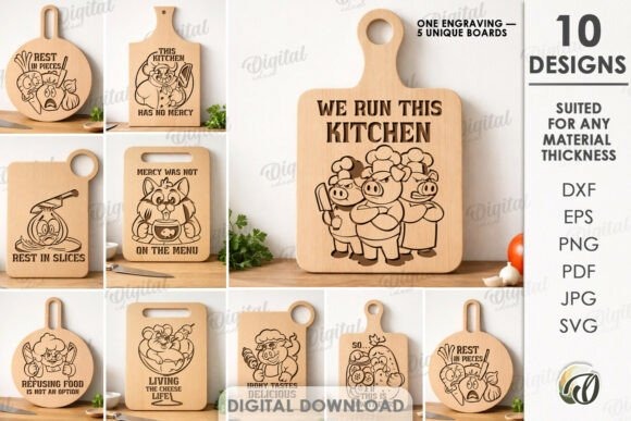 10 Best Useful Laser Engraving Projects for Home: Ideas and Tips 2 Laser engraving projects for home showing 10 unique kitchen cutting board designs with humorous pig illustrations