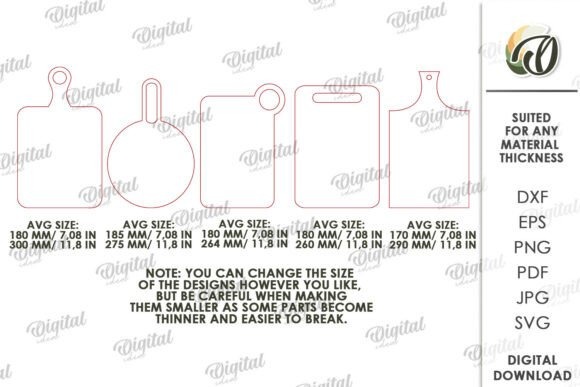 Laser Engraving Ideas for 10 Useful Home Projects 3 Laser engraving ideas for home decor showing various cutting board shapes with size dimensions and file format options