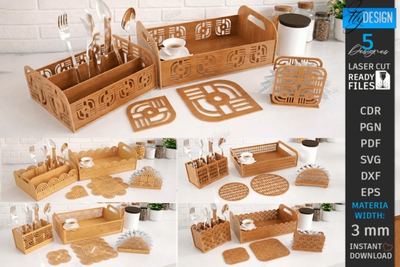 10 Best Useful Laser Engraving Projects for Home: Ideas and Tips 14 Laser engraving projects for home showing boho kitchen decor laser cut bundle with cutlery caddy, napkin holder, coaster