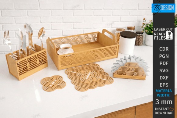 10 Best Useful Laser Engraving Projects for Home: Ideas and Tips 15 laser engraving projects for home including cutlery caddy, tray, napkin holder, coaster, and trivet with boho laser cut