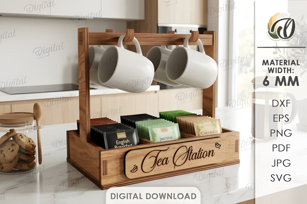 21 Laser Cut Organizer SVG Files for Home Storage Projects 15 laser cut organizer wooden tea station with hanging mugs and compartments for tea bags on kitchen counter