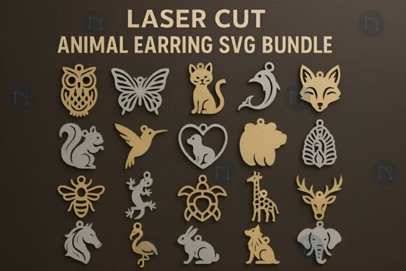 Laser cut wood earrings featuring 20 animal designs including owl, butterfly, cat, dolphin, fox, squirrel, hummingbird