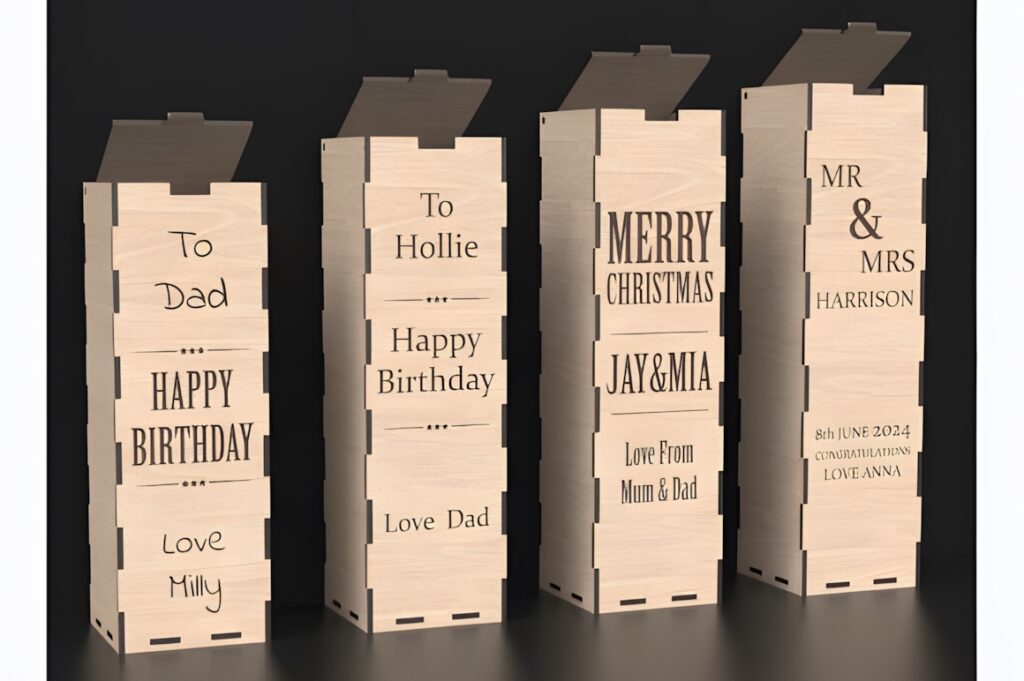 45 Laser Cut Files for Ready-to-Make Laser Projects 38 Laser cut files for personalized wooden gift boxes with engraved messages for birthdays, Christmas, and weddings