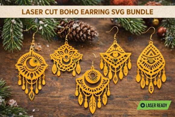 Laser cut wood earrings in boho style with intricate cutout patterns hanging on hooks
