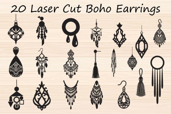 20 laser cut wood earrings with boho and tribal motifs in black silhouettes on a light wood background