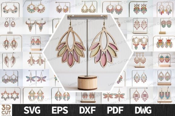 Laser cut wood earrings in various boho designs including ornamental and delicate styles in multiple file formats