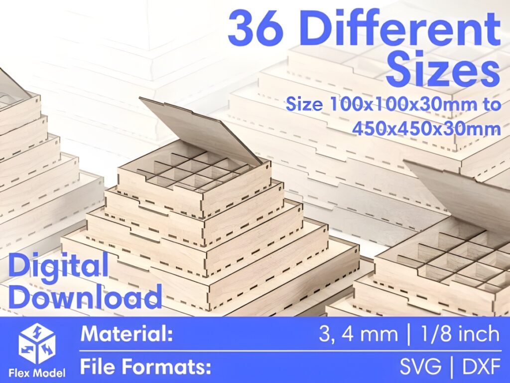 45 Laser Cut Files for Ready-to-Make Laser Projects 2 laser cut files for compartment boxes with flip-up lids in 36 different sizes from 100x100x30mm to 450x450x30mm
