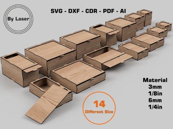 15 Laser Cut Box Ideas with Drawers, Lids and Compartments 21 laser cut box ideas showing 14 sliding-lid wooden boxes in various sizes and thicknesses