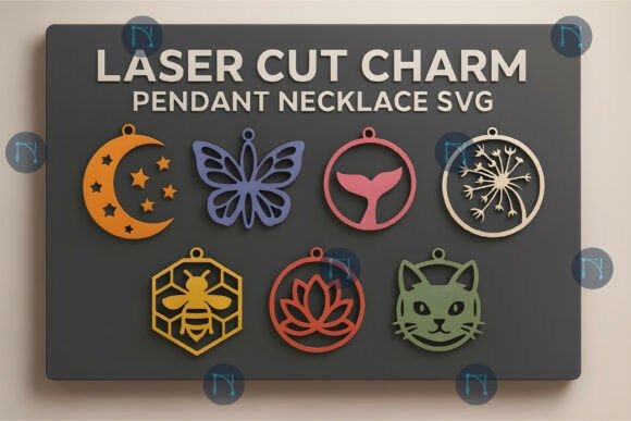 15 Laser Cut Pendant Ideas for Unique Handmade Jewelry 3 Laser cut pendant set with moon, butterfly, whale tail, dandelion, bee, lotus, and cat designs