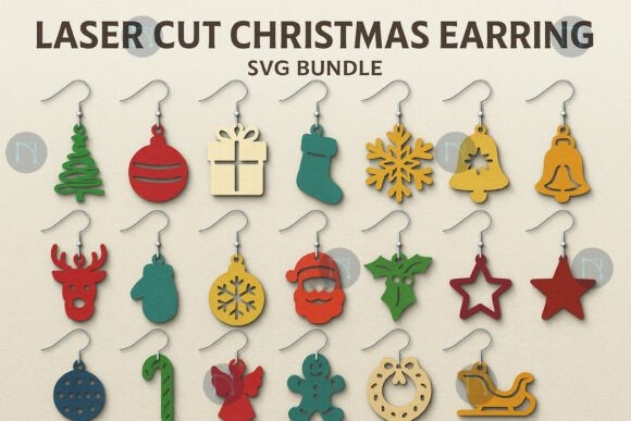 17 Laser Cut Christmas Jewelry Ideas 3 Laser cut Christmas jewelry earrings in various holiday shapes including trees, bells, stars, and Santa in multiple colors