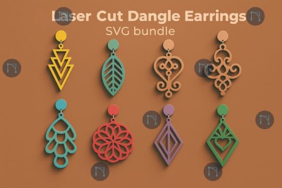 Colorful laser cut wood earrings in geometric, floral, leaf, and ornamental designs arranged in two rows