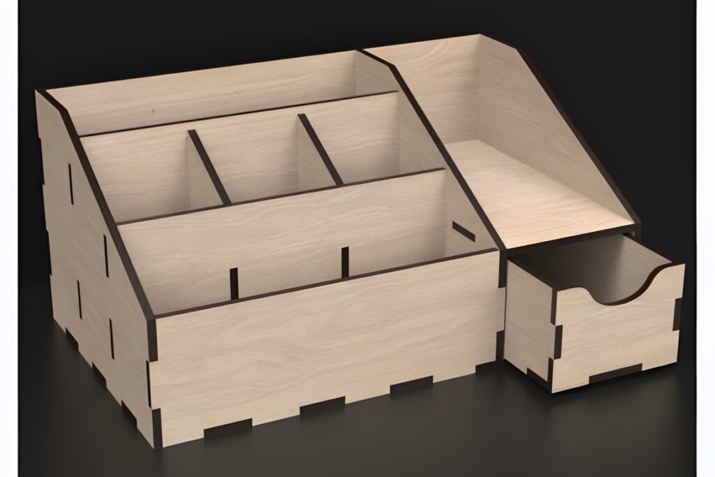 45 Laser Cut Files for Ready-to-Make Laser Projects 5 Laser cut files for a wooden desk organizer with multiple compartments and a drawer