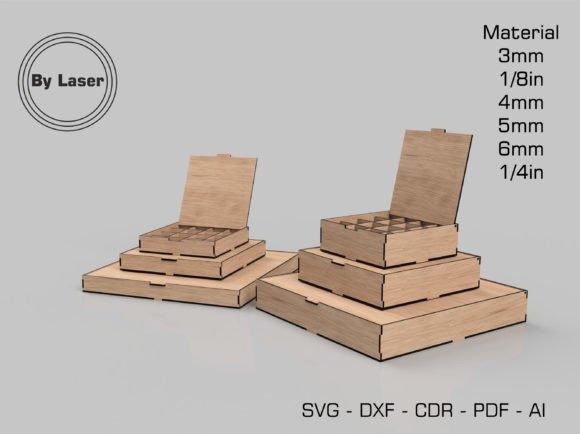 10 Laser Cut Projects for Useful Home and Workshop Builds 7 Laser cut projects for home and workshop showing wooden box storage organizers with multiple compartments and various