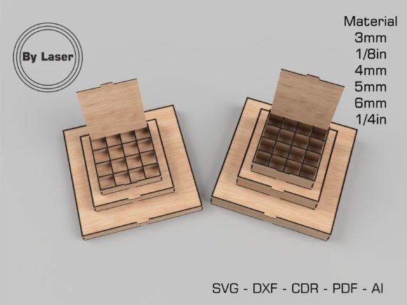 15 Laser Cut Box Ideas with Drawers, Lids and Compartments 16 Laser cut box ideas showing two wooden storage organizers with sixteen compartments under flip-up lids in various sizes and