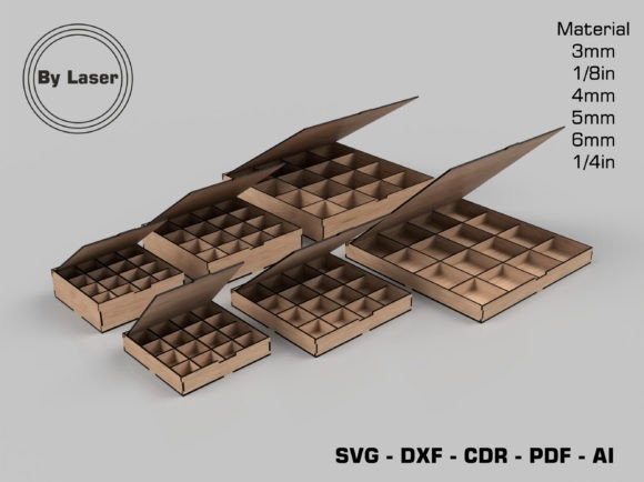 10 Laser Cut Projects for Useful Home and Workshop Builds 8 Laser cut projects for home and workshop showing compartment box system with six box sizes and 16 compartments each