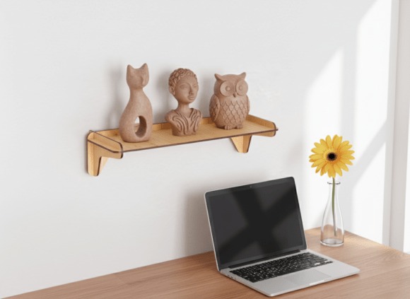 10 Laser Cut Projects for Useful Home and Workshop Builds 18 Laser cut projects for home and workshop showing a floating wall shelf holding small decorative objects