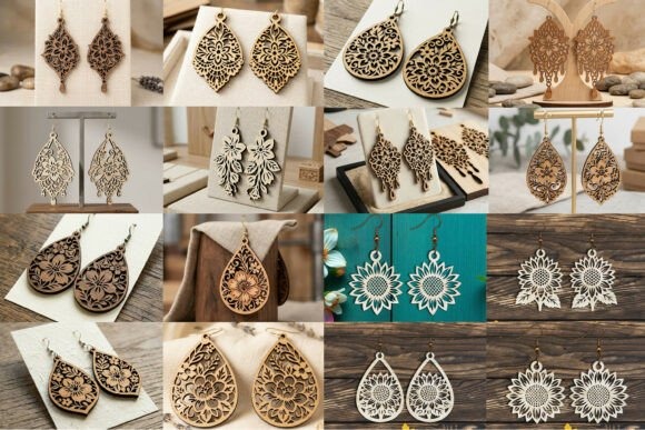 Collection of laser cut wood earrings with floral and boho designs in various shapes and sizes