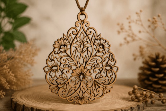 Intricately designed laser cut necklace wooden pendant with floral and leaf filigree patterns