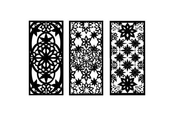 45 Laser Cut Panels for Indoor and Outdoor Features 58 Three laser cut panels with floral geometric patterns in black silhouette