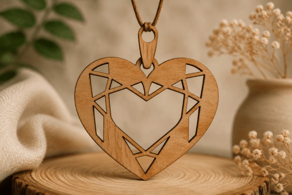 Laser cut necklace featuring a wooden heart pendant with angular geometric cutouts on a cord