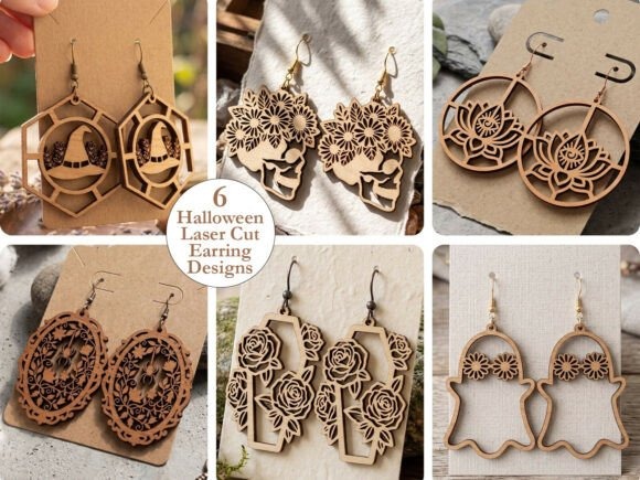 45 Best Laser Cut Acrylic Jewelry Ideas 48 Laser cut acrylic jewelry Halloween earring bundle with six different wooden designs including ghosts, flowers, and pumpkins