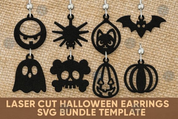 35 Halloween Laser Cut Wood Earrings Ideas 9 Halloween laser cut wood earrings featuring ghost, spider, cat, bat, skull, pumpkin, and jack-o-lantern designs in black