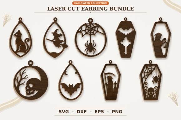 25 Laser Cut Halloween Jewelry Ideas 16 Laser cut Halloween jewelry featuring earrings with cat, witch, spider, bat, coffin, skull, and moon motifs in a bundle