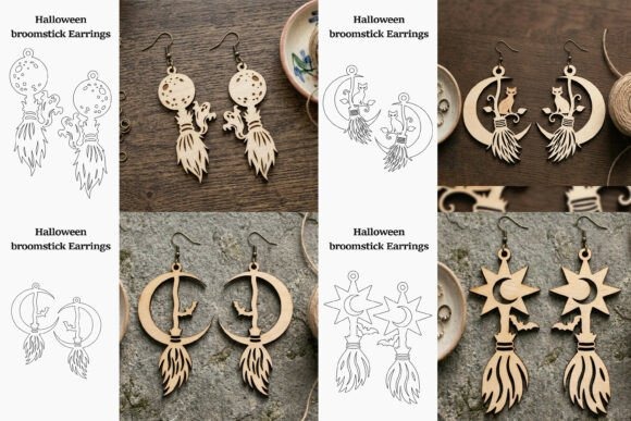 35 Halloween Laser Cut Wood Earrings Ideas 10 Halloween laser cut wood earrings featuring broomstick and moon designs with negative-space patterns