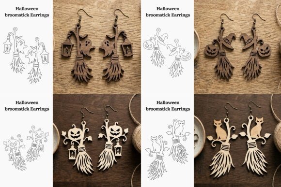 35 Halloween Laser Cut Wood Earrings Ideas 8 Halloween laser cut wood earrings featuring broomstick designs with ghosts, pumpkins, and cats in natural wood finish