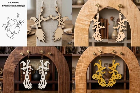 45 Best Laser Cut Acrylic Jewelry Ideas 47 Laser cut acrylic jewelry featuring Halloween broomstick earrings in various wood and gold finishes