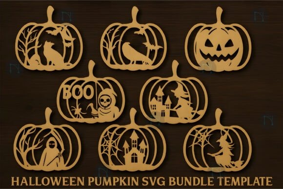 Halloween Laser Cut Pumpkin Bundle Halloween laser cut pumpkin silhouettes including haunted houses, witches, grim reaper, bats, spiders, ghosts, cats, and