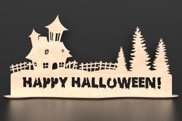 Halloween Laser Cut Sign Halloween laser cut wooden sign with haunted mansion, fencing, trees, and Happy Halloween text
