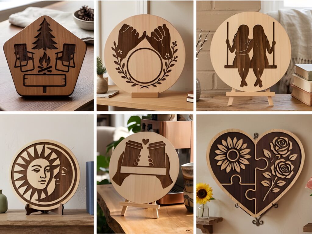 45 Laser Cut Files for Ready-to-Make Laser Projects 44 laser cut files showing various wooden home decor signs including camping scene, hands forming a heart, two girls on a