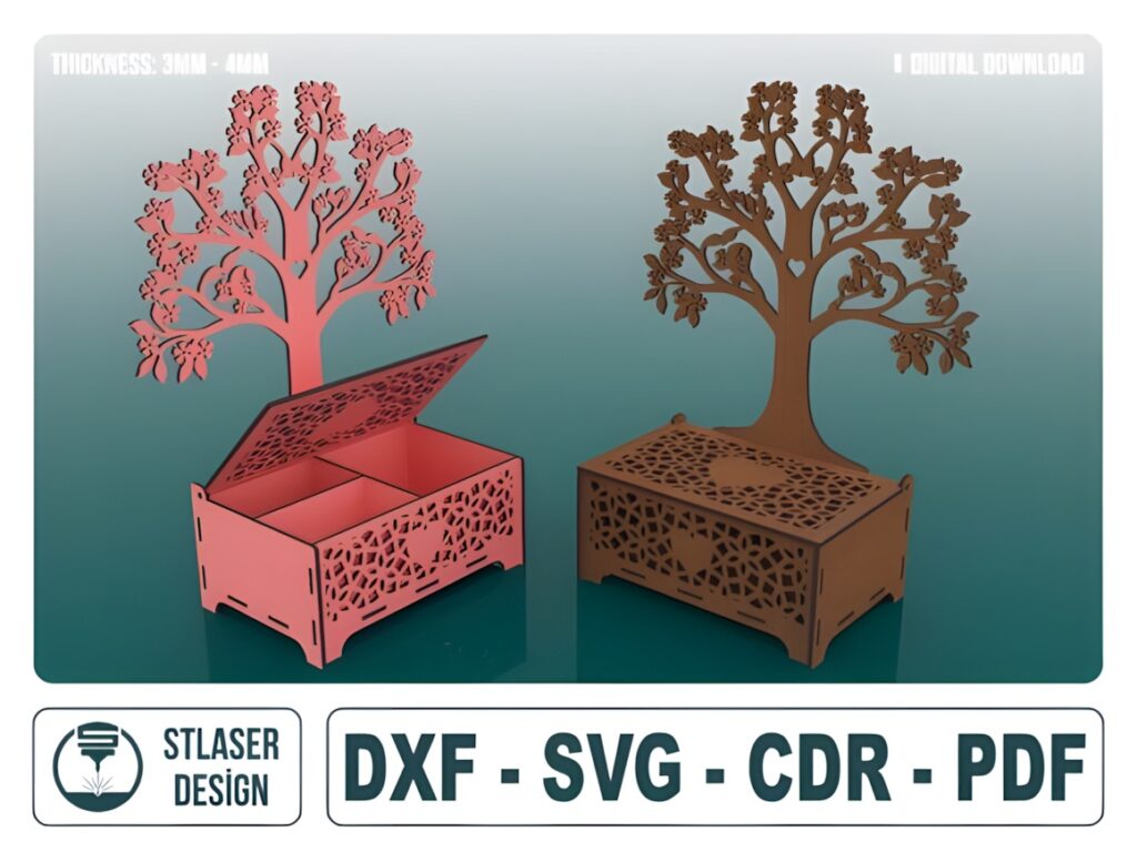45 Laser Cut Files for Ready-to-Make Laser Projects 29 Laser cut files of jewelry box and stand with tree design in red and brown colors