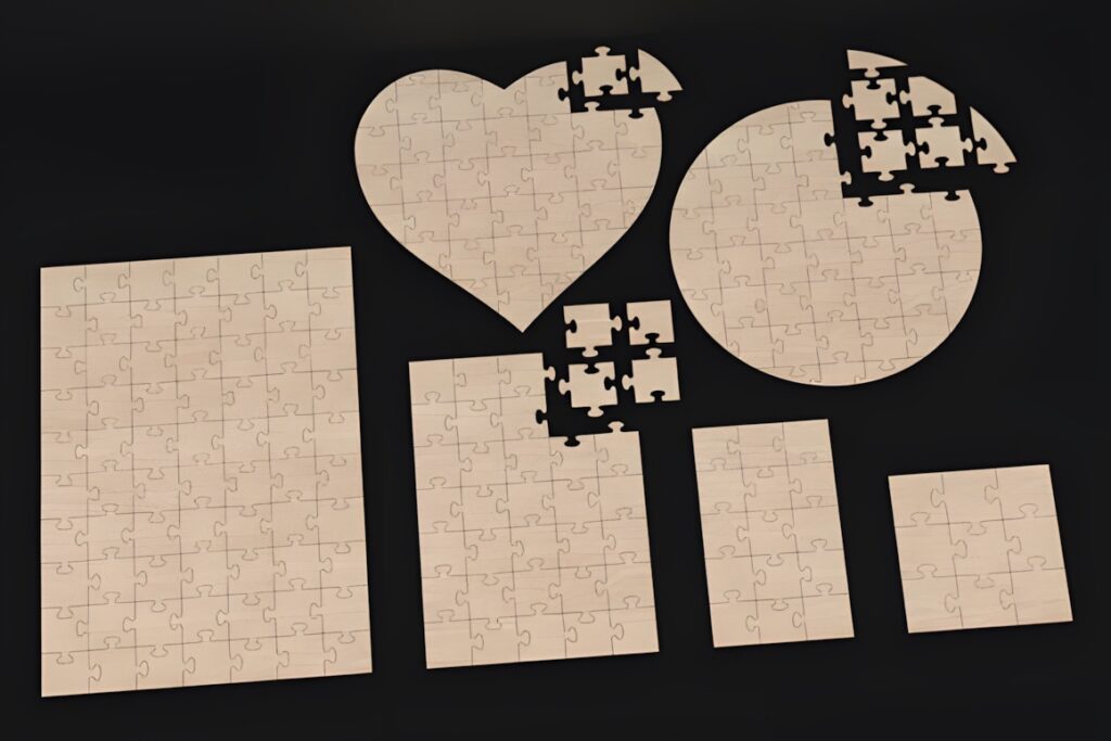 37 Laser Cut Ideas for Creative Maker Projects 35 Laser cut jigsaw puzzles in rectangular, circular, heart-shaped, and various sizes laid out on black background