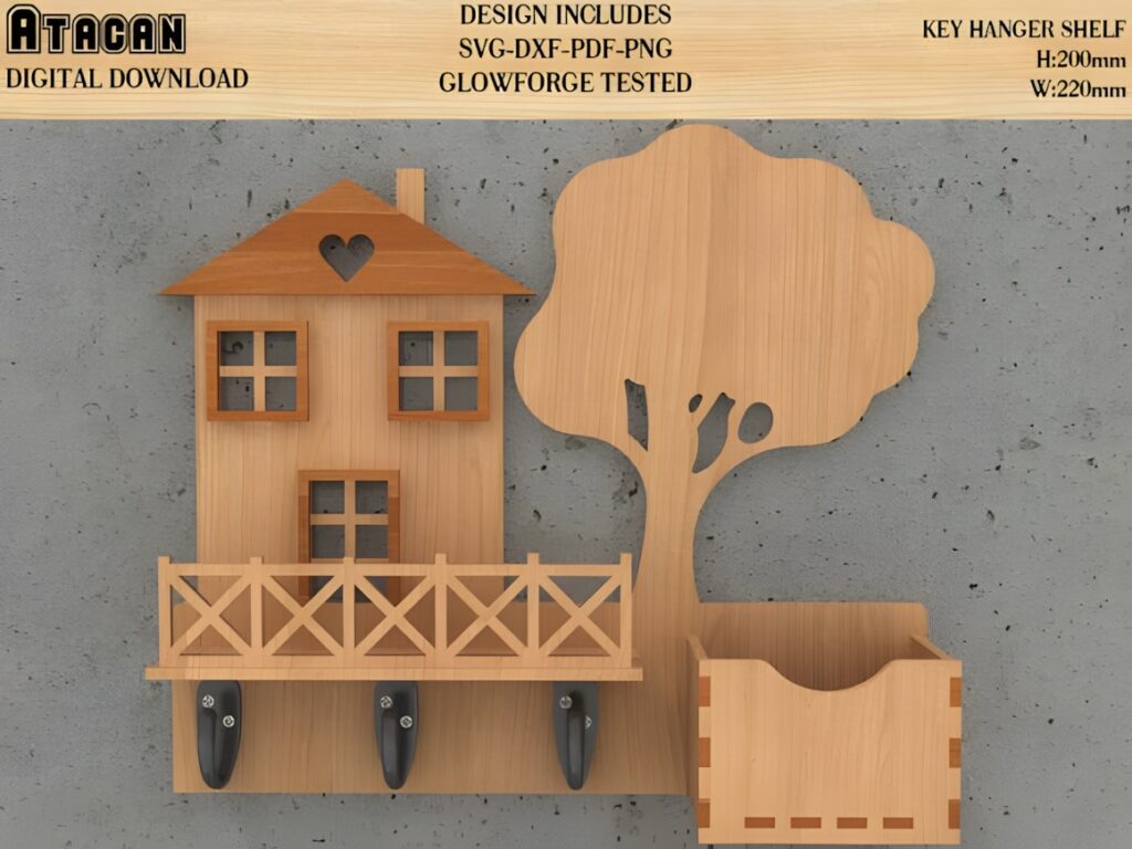 37 Laser Cut Ideas for Creative Maker Projects 31 laser cut wooden wall-mounted key holder shaped like a house with a tree and three hooks