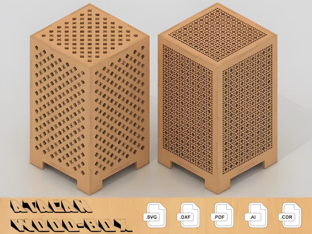 45 Laser Cut Files for Ready-to-Make Laser Projects 9 Laser cut files for a decorative wooden lamp with intricate geometric patterns on all sides