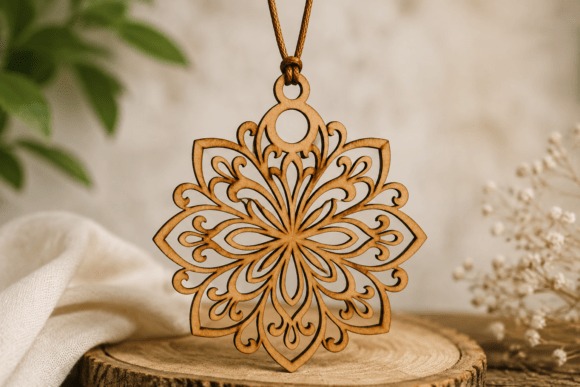laser cut necklace with symmetrical floral mandala wooden pendant on brown cord