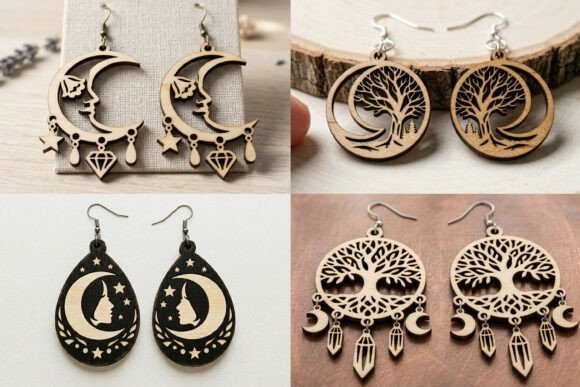 Laser cut wood earrings featuring celestial and nature-inspired designs including moons, stars, trees, and geometric shapes