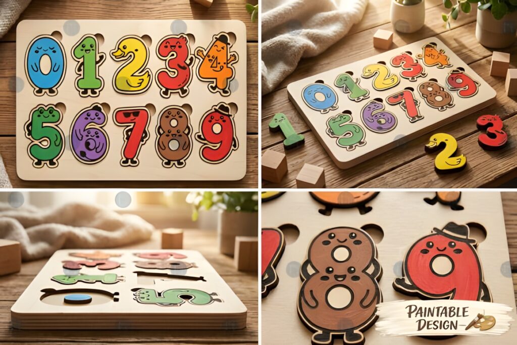 22 Educational Laser Cut Puzzles for Kids with SVG Files 40 Educational laser cut puzzles featuring colorful number shapes from 0 to 9 on a wooden board with paintable design elements