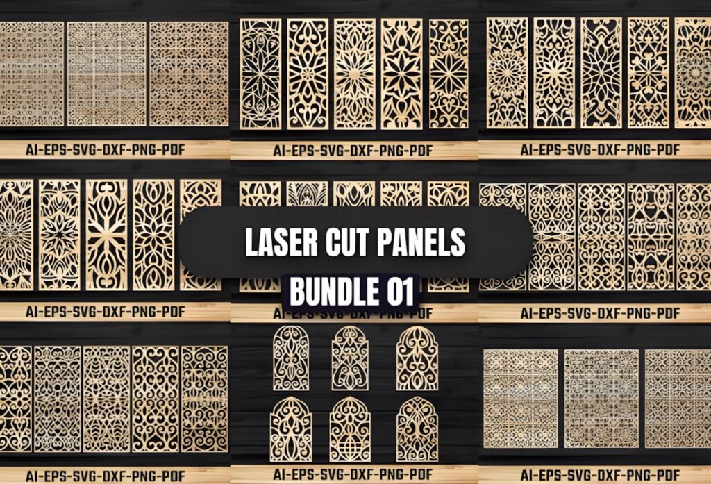 15 Laser Cut Panels for Decorative Cabinet Door Insert Projects 5 Laser cut panels for cabinet door with various ornamental and geometric patterns in a bundle