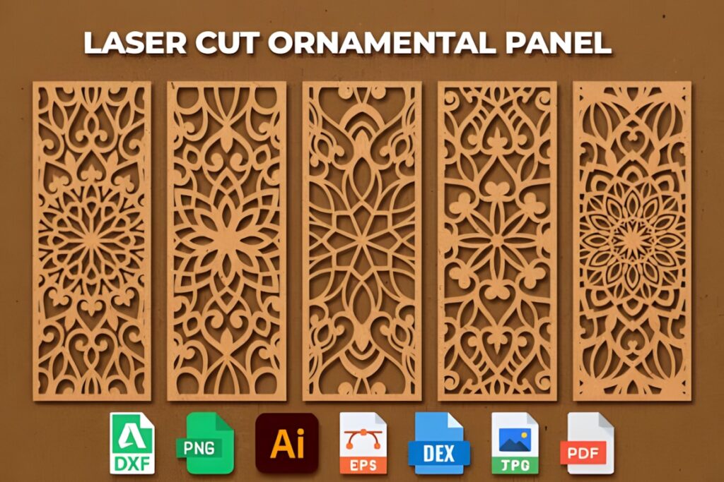 15 Laser Cut Panels for Decorative Cabinet Door Insert Projects 6 Set of five laser cut panels for cabinet door with intricate ornamental patterns in wood tone